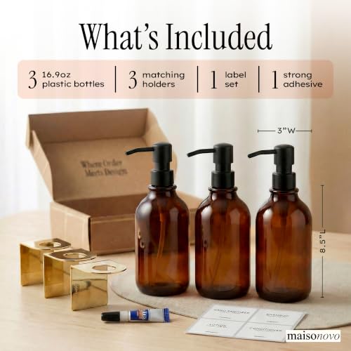 Image of Shampoo and Conditioner Dispenser Wall Mounted Set of 3 Amber Gold - No Drill Shower Soap Dispenser for Bathroom Refillable - Spa Hotel Style Accessories by MaisoNovo