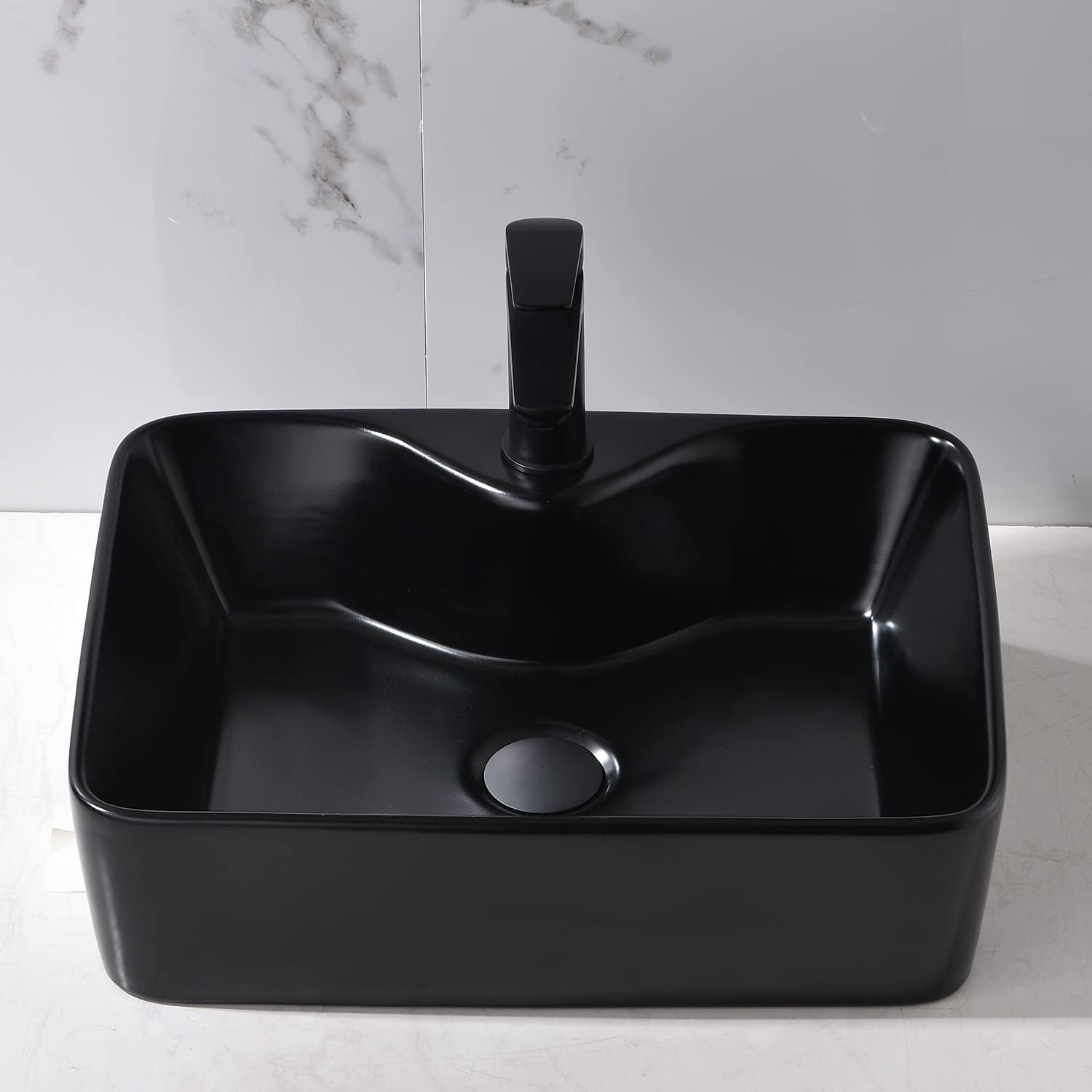 16"x12" Bathroom Sink and Faucet Combo -VOKIM 16"x12" Bathroom Vessel Sink Rectangle Above Counter Matte Black Porcelain Ceramic Modern Vanity Sink with Matte Blac Faucet and Pop-up Drain Combo