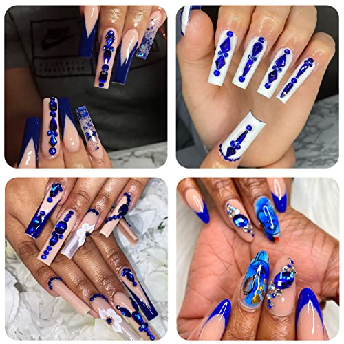 Nail Art Rhinestones HUETFAT 2400 Pieces Flat Back Gems Stones Round Crystal Rhinestones Royal Blue 6 Sizes (1.9-4.5 mm) with Storage Organizer Box Wax Pencil Tweezers for Nail Art (Royal Blue)