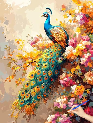 数字油絵 花 Paint by Numbers for Adults 孔雀 数字塗り絵 DIYペイントバイナンバー 大人のためのクリエイティブな趣味 ナンバーペイント 向け ブラシ/アクリルペイントキット 子供 初心者 手工?? ホーム オフィス装飾 ギフ