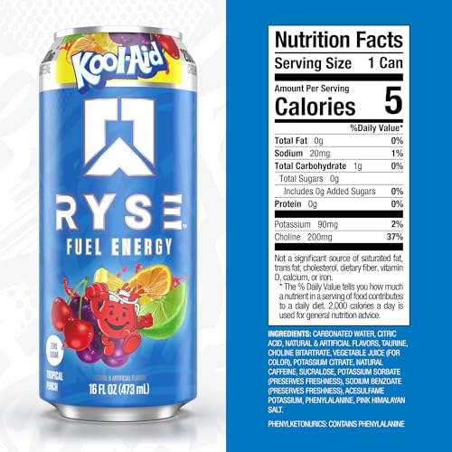 Image of RYSE Fuel Energy Drink - Kool-Aid Tropical Punch - Sugar Free, Gluten Free & Vegan - 200mg Natural Caffeine, Taurine & Choline for Focus & Energy - No Artificial Colors - 16 fl oz Cans (12-Pack)