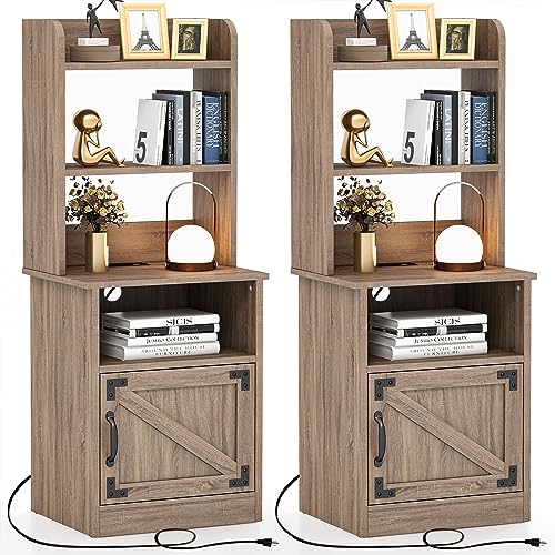 Tolead Nightstand With Charging Station Set Of 2, Tall Bedside Table With Adjustable Open Bookshelf, Industrial 47” End Side Table W/Storage Cabinet Living Room, Bedroom, Home, Office, Truffle, Grey #TOP26