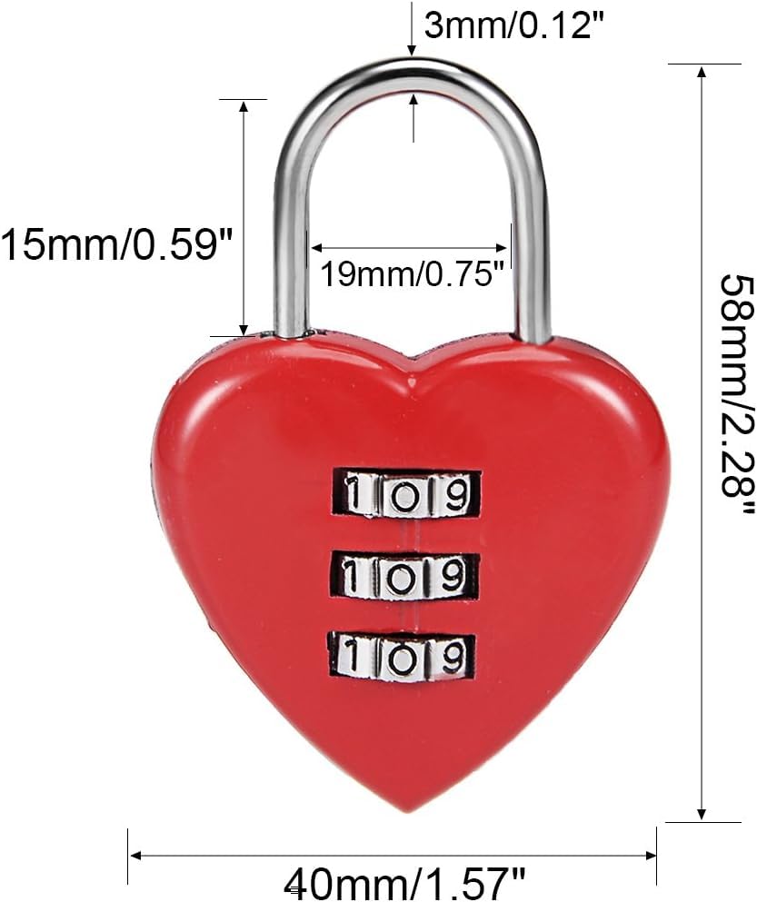 3 Digit Combination Padlock, 3mm Shackle, Zinc Alloy Lock Heart Shaped, Red Combination Padlocks - Image 2