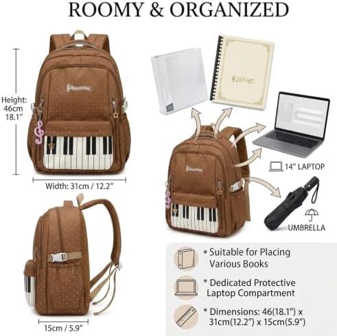 Music Backpack for Women Novelty Playful Whimsical Cute Y2k Piano Backpack Polka Dots Nylon Bag (Burgundy) - 3