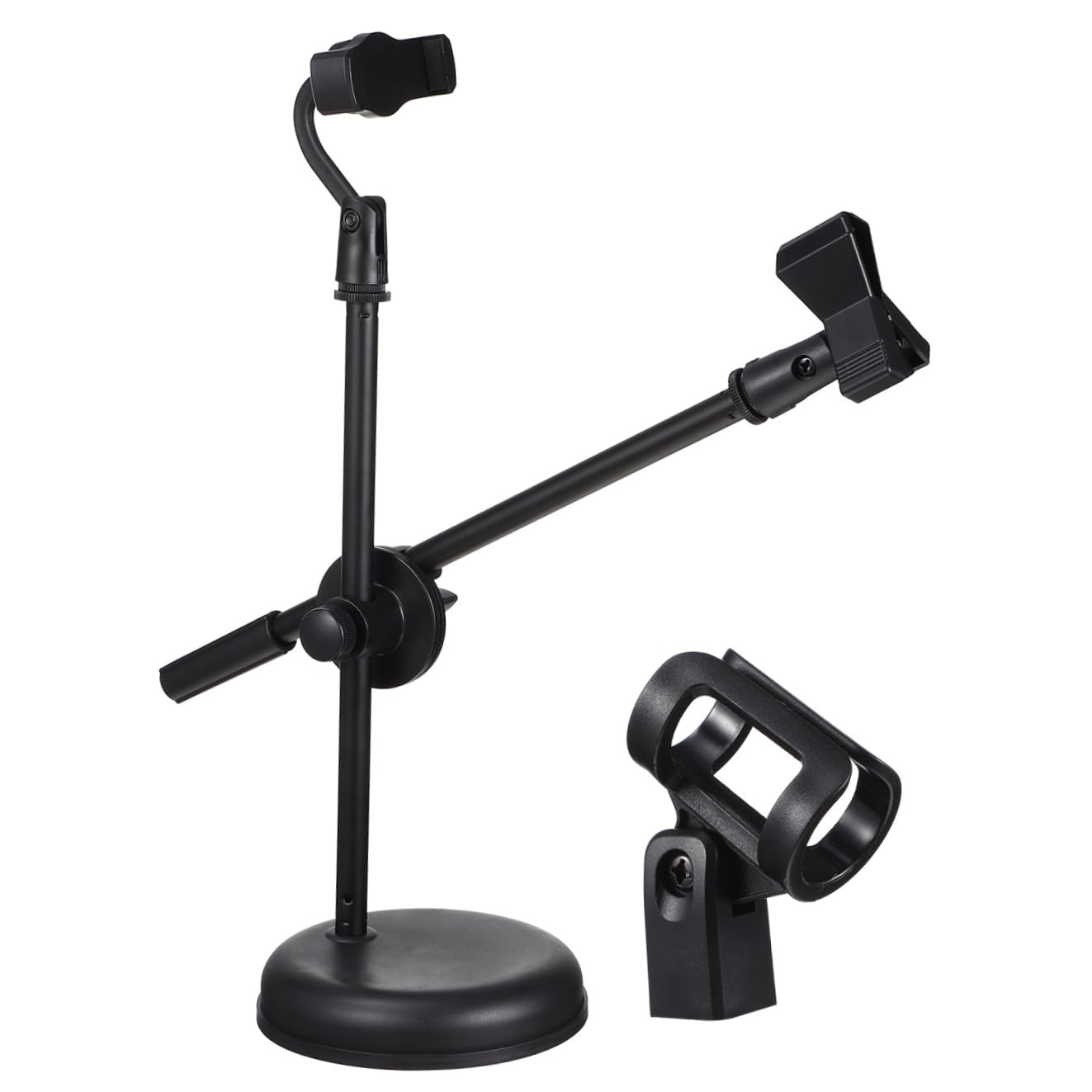 Supporto per Microfono da Tavolo Telescopico e Regolabile Clip e Supporto per Telefono, Base Stabile per Podcasting, Registrazione e Uso Casalingo