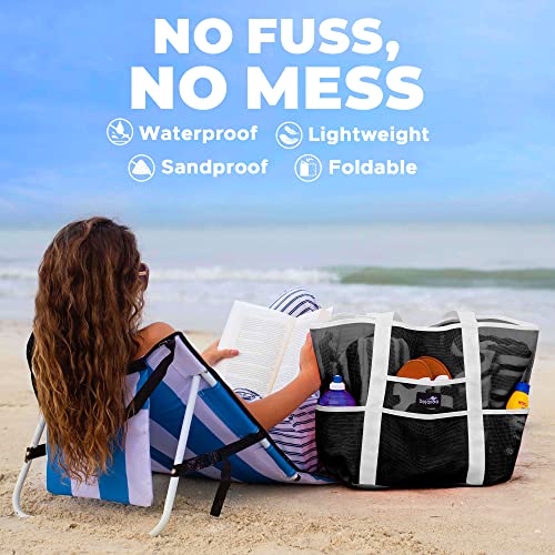 Dejaroo - Sand Free Mesh Bag - Strong Lightweight Tote For Beach & Vacation Essentials. Tons of Storage with 8 Pockets, Foldable, 17x9x15 inches, Black with White Straps - Thumbnail 7