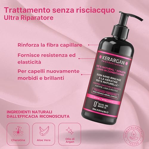 Kerargan - Duo Shampoo E Trattamento Senza Risciacquo Alla Cheratina Per Capelli Danneggiati E Stressati - Fortifica, Leviga E Protegge - Senza Solfati, Parabeni E Siliconi - 500Ml + 350Ml - 4