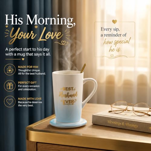 Image of ZAICUS Best Husband Ever Coffee Mug with Lid & Spoon, Gift for Husband | Suitable for Hot & Cold Beverages | Ceramic Mug | Elegant White & Blue Finish