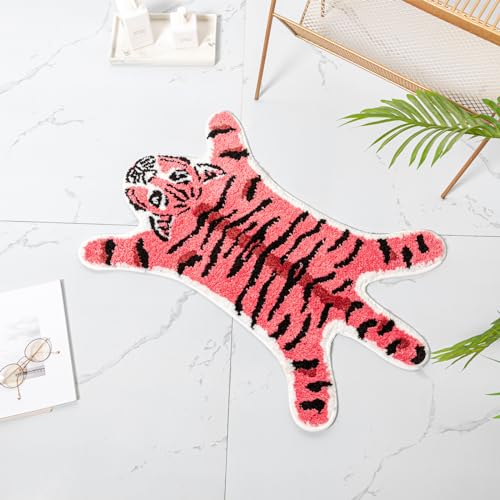 YulyreZome Tappetino da bagno con tigre, divertente e carino, motivo tigre rosa acceso, tappeto da bagno antiscivolo, lavabile, assorbente, in microfibra, decorazione per doccia
