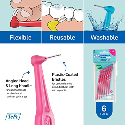 Tepe Interdental Brush Angle, Angled Dental Brush For Teeth Cleaning, Pack Of 6, 0.40 Mm, Extra-Small/Small Gaps, Pink, Size 0 #TOP4