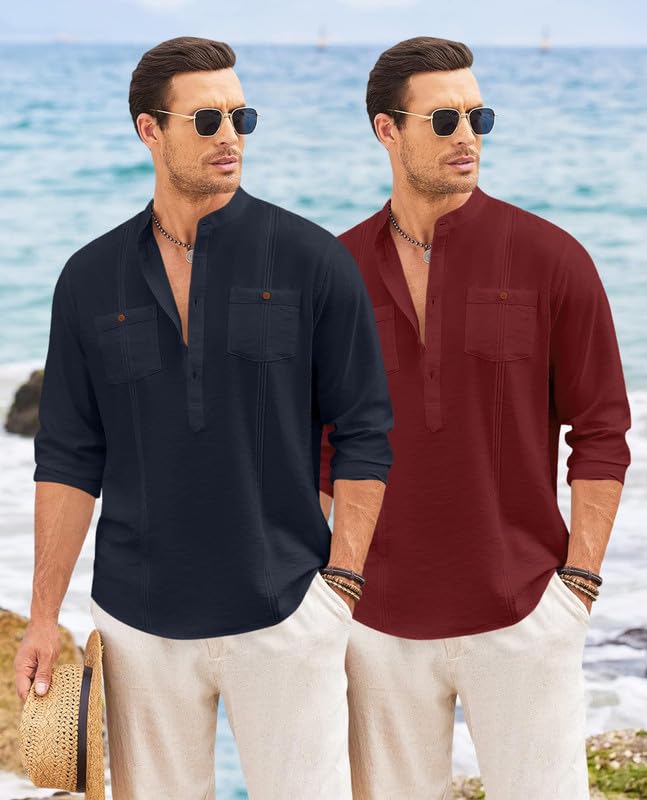 Image of Macsivo Combo of Men's Regular Fit Cotton Blend Solid Casual Short Kurta with Mandarin Collar and Pockets Kurta Pack of 2