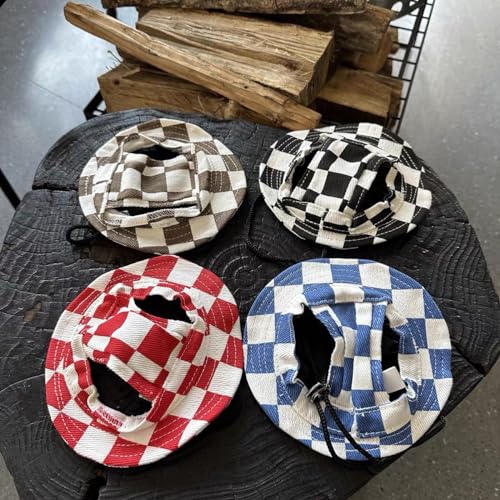 Image of HDKUW Dog Bucket Hats, Dog Round Cap with Ear Hole, Adjustable Outdoor Travel Sun Protection Sport Hat for Cat Small Medium Dogs Coffee Checkered M