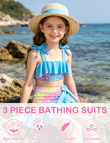 Image of ALISISTER Girls Swimsuit 3 Piece Bathing Suits Flounce Bikini Tankini Set Beach Swimwear with Cover Ups Skirt for 3-8 Years