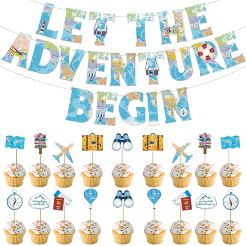 Décoration de Fête Bon Voyage et Thème Voyage, Lot de 19 Pièces Bannière “Let the Adventure Begin” avec Cupcake Toppers et Décorations Suspendues...