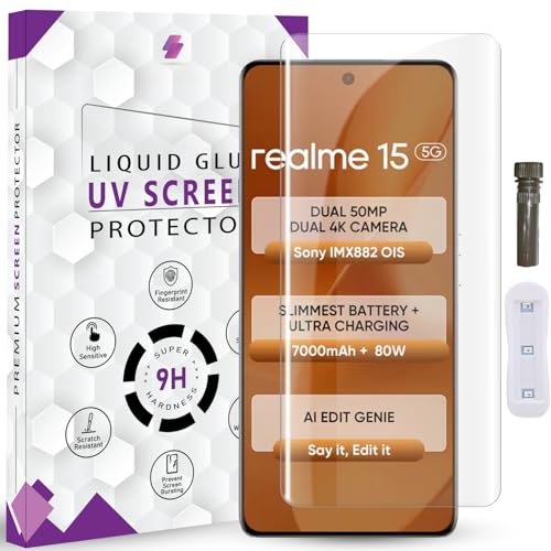 Image of Advanced HD+ UV Tempered Glass Screen Protector For Realme 15 5G / 15 Pro 5G (6.8 Inch, Pack of 1) Full Adhesive UV Curved Screen Guard, Case Friendly with installation kit & Guide