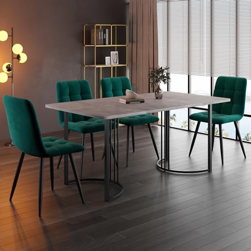 HaoChrymec Conjunto de Comedor de 5 Piezas de MDF,Mesa 140x80cm con Patas Metálicas Negras Ajustables,Mesa de Cocina Moderna,Sillas de Comedor de Terciopelo,Verde Oscuro,Set 1 Mesa + 4 Sillas