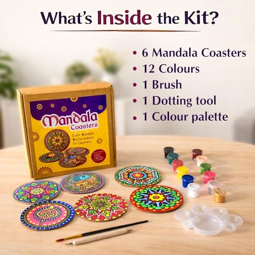 Image of Mind Pilot Mandala Coaster Painting Kit for Kids & Adults | DIY Mandala Art & Craft Kit with Pre-Marked MDF Coasters, 12 Vibrant colours & Brushes | Creative Hobby Activity, Home Decor & Birthday Gift for Girls Boys