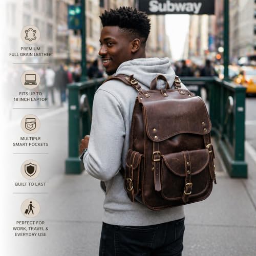 Image of Handmade World Full Grain Leather Backpack for Men - 18 Inch Laptop Bag, Handmade Real Leather, Business Travel Work Backpack