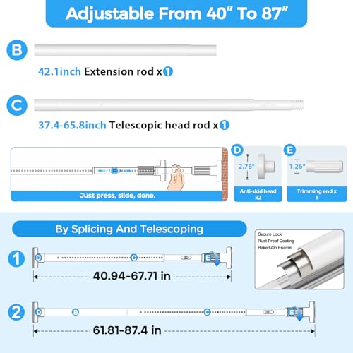 Image of AIZESI 41-86 Inch Heavy Duty Tension Curtain Rod - No Drilling, Adjustable, Rust-Resistant for Outdoor, Living Room, Window, Bathroom (White, 41 inch to 86 inch|2PACK)