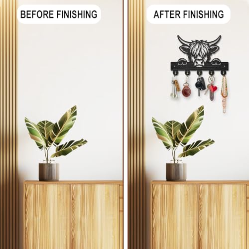 MAYJOYDIY Highland Cattle Wood Key Holder 11.8×7.9inch Wood Farm Animal Wall Art Decor Key Holder for Wall 5 Alloy Hooks Black Hook Rack Hat Towel for Entryway Living Room Bedroom by MAYJOYDIY - Image 5