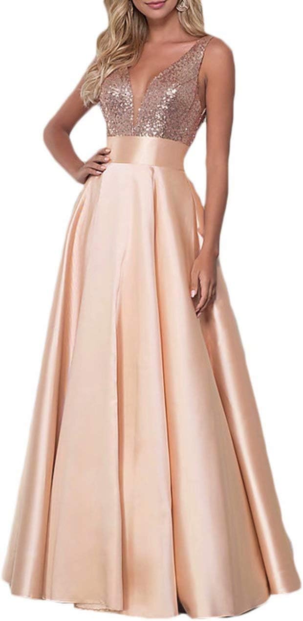 V Neck Prom Dresses Sequins Satin 2025 New Long Formal Evening Dresses Ball Gowns for Women with Pockets