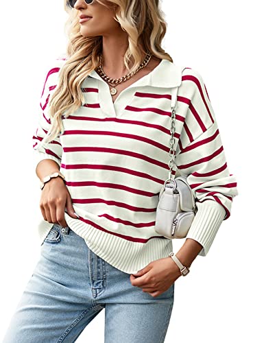 Womens Fall Striped Sweater Casual Long Sleeve V Neck Collared Knit Pullover Tops - Main Image