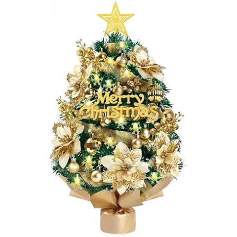 19.5 Inch Mini Christmas Tree, Artificial Tabletop Christmas Tree with 50 Led Snow Lights, Small Christmas Trees with 27 Golden Ornaments &Treetop Star for Home Party Office Xmas Decor, Green Cover