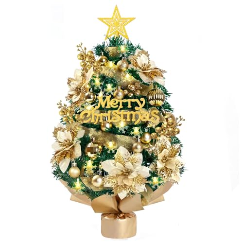 19.5 Inch Mini Christmas Tree, Artificial Tabletop Christmas Tree with 50 Led Snow Lights, Small Christmas Trees with 27 Golden Ornaments &Treetop Star for Home Party Office Xmas Decor, Green by Sunm Boutique - Used condition - US$7.57