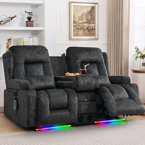 IPKIG 67" Power Reclining Loveseat Sofa, Electric Home Theater Seating with Console/4 Colors Ambient Lighting/Bluetooth Speakers/USB Ports/Built-in Outlets (Grey, Loveseat Recliner) Cover