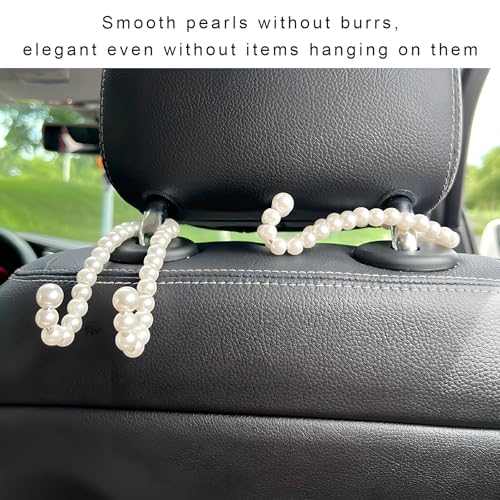 NYTKL 2PCS Elegant Pearl Car Seat Headrest Hook, Cute Vehicle Back Seat Hanger Purse Hook, Auto Interior Decor Strong Load-Bearing Headrest Hanger for Handbag Keys Grocery Bags