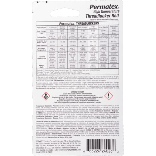 Image of Permatex 24026 High Temperature Threadlocker Red, 6 ml