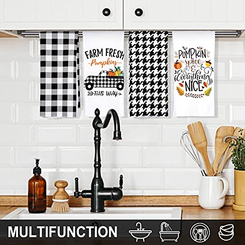 Whaline Fall Kitchen Towel White Black Buffalo Plaid Dish Towel Farm Fresh Truck Dish Towel 28 X 18 Inch Autumn Harvest Tea Towel Large Cloth Towel For Autumn Holiday Kitchen Cooking Baking, 4 Pack #TOP3