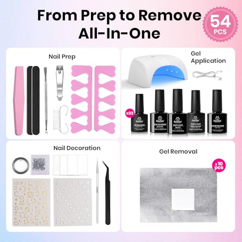 Image of Beetles Gel Nail Polish Kit with U V Light -54 Pcs Gel Nail Kit Four Seasons Glow 32 Colors Set with Everything Base Top Coat Soak Off at Home Nail Kit Salon Manicure Beginner Gifts for Women Girls