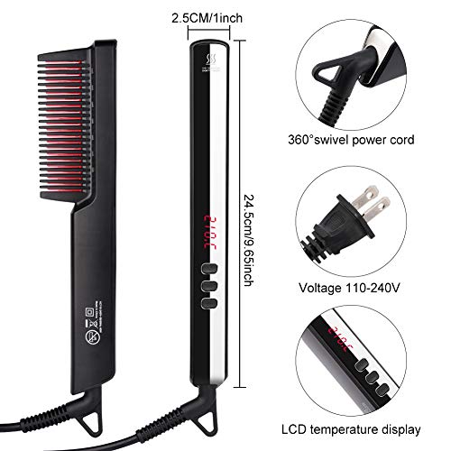 Ionic Hair Straightener Brush, DreamCatching Beard Straightener Comb with Anti-Scald, 30s Fast Ceramic Heating, 6 Heat Levels, Temperature Lock/Auto-Off, Frizz-Free, Portable Straightening Comb