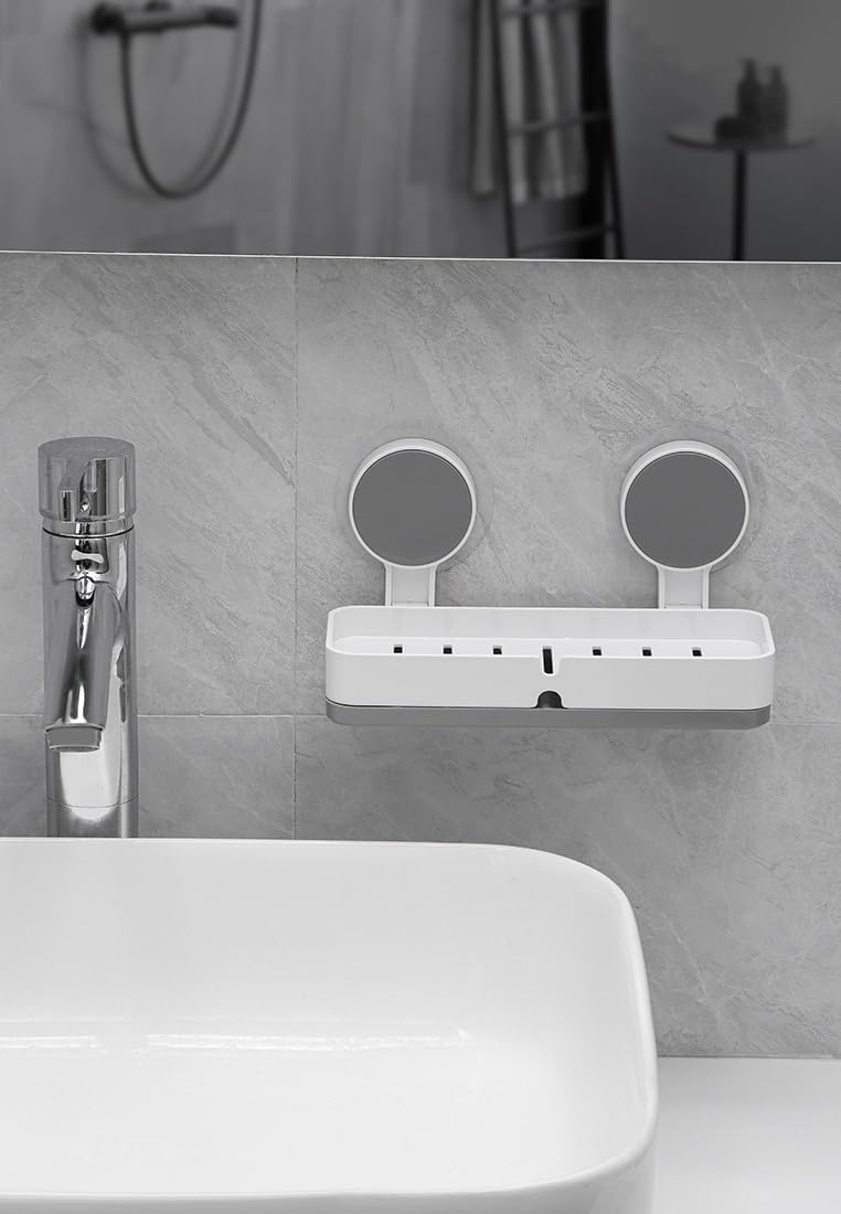 ORBITORA acrylonitrile_butadiene_styrene_abs Soap Holder for Bathroom, Non-Drill Wall Mount Magic Sticker Self Adhesive Soap Stand for Bathroom with Removable Drain Tray 1