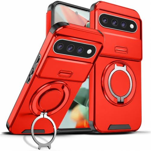 Dteck for Google Pixel 11 Pro XL (6.8") Case with Slide Camera Cover, Rotating Ring Kickstand, Support Wireless Charging, Slim Fit Lightweight Rugged Protective Hybrid Phone Case, Red