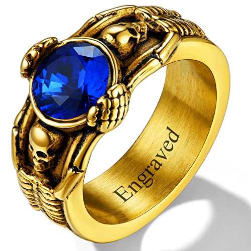 Custom4U Men's Gemstone Rings,Stainless Steel/Black/Gold Plated Blue Stone Square Signet Rings/Skull Rings,Pinky Thumb Ring,Size 7-14,Gothic Punk Jewelry Customized(Gift Box) F-Gothic-Gold-C