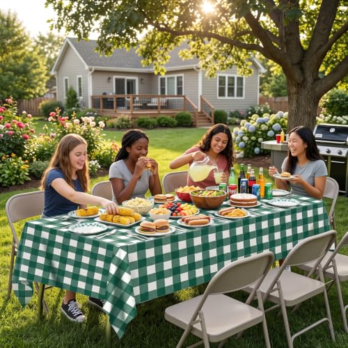 Image of tujol Dark Green and White Checkered 6 Pack Plastic Table Cloth 54 inch x 108 inch