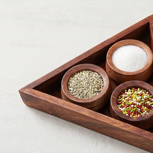 Image of HOKIPO Salt Sugar Spice Container Jar Canister Set with Tray & Spoon - 10 x 10 Inch - Sheesham Wood Storage Box Jar (IN-1169)