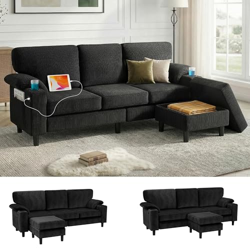 QSQG 80'' Modular Sectional Sofa, 3-Seater L-Shaped Couch with Storage Design,Corduroy Fabric and Movable Ottoman for Living Room, Office, Apartment, Black