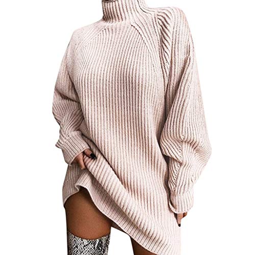 Forthery-Women Long Sleeve Turtleneck Sweater Dress Cable Knit Turtleneck Slim Fit Loose Oversize Jumper Dress(Beige,S)