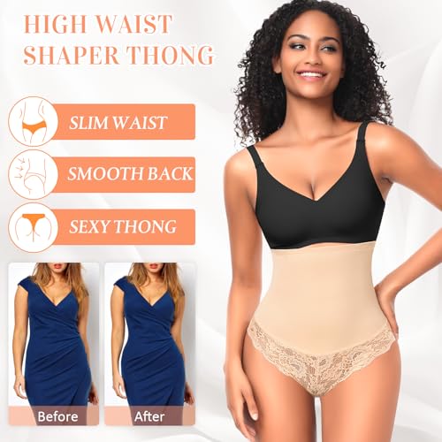 Image of Werena Tummy Control Thong Shapewear for Women Mid High Waisted Body Shaper Underwear Lace Shaping Thong Girdle Panties