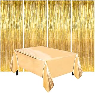 Tinsel Curtain Party Backdrop Foil Fringe Shimmer Streamers Door Window Decoration, Wall Curtains for Birthday Wedding (4Tinsel Curtain+1tablecloth), gold