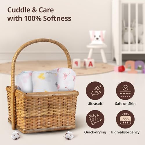 Image of LuvLap 100% Cotton Muslin Baby Swaddle Set, Baby Towel, Size-120cm x 100cm (47 inchx39 inch), Hearts Birds Printed on White, 0-18 Month+, Printed Mulmul Muslin Swaddle Wrap for New Born, Pack of 6