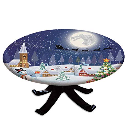 Elastic Edged Polyester Fitted Table Cover,Winter Season Snowman Xmas Tree Santa Sleigh Moon Present Boxes Snow and Stars,Fits up 45-56 Diameter Tables,The Ultimate Protection for Your Table,Blue Wh