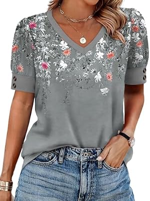 OFEEFAN Womens Tops Short Sleeve Shirts Buttons V Neck Spring Fashion Summer Outfits Plus Size Blouses Dressy Casual