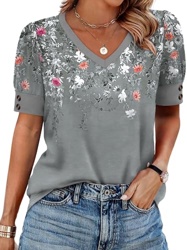 Womens Blouses Dressy Casual Short Sleeve Shirts Business Work Floral Summer Tops Plus Size Fashion Clothing V Neck Tshirts Grey S