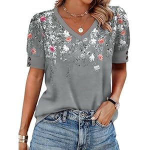 OFEEFAN Womens Tops Short Sleeve Shirts Buttons V Neck Spring Fashion Summer Outfits Plus Size Blouses Dressy Casual