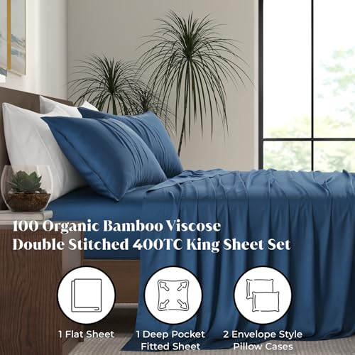 Image of Luxury Bamboo Market | King Size Bed Sheet Set | 100% Viscose Made from Bamboo | Organically Grown | Ultra Soft | Cooling Sheets for Hot Sleepers | 17 inch Deep Pocket [Midnight Blue]
