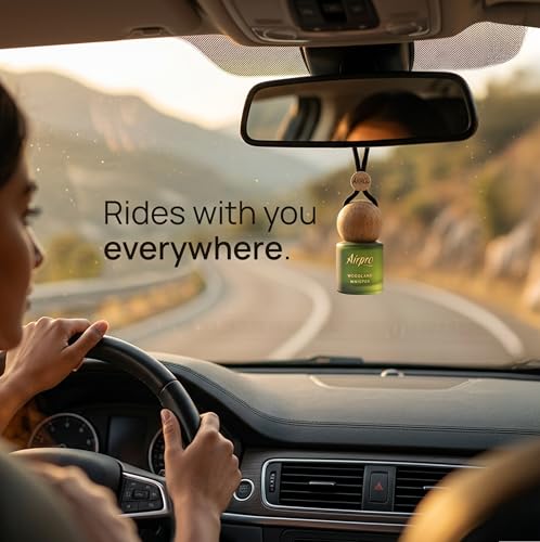 Image of Airpro Veil Woodland Whisper Wooden Hanging Car Air Freshener | Oud Inspired Car Perfume Hanging Pod | Glass Bottle with Wooden Diffuser | Long Lasting Luxury Car Perfume | Natural Fragrance | 8ml
